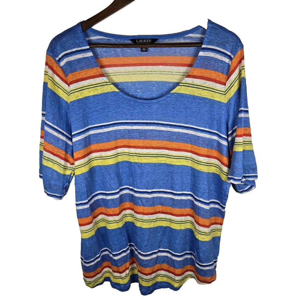 Lauren Ralph Lauren Bold Stripe Linen Top Lightweight Semi Sheer Womens 2X